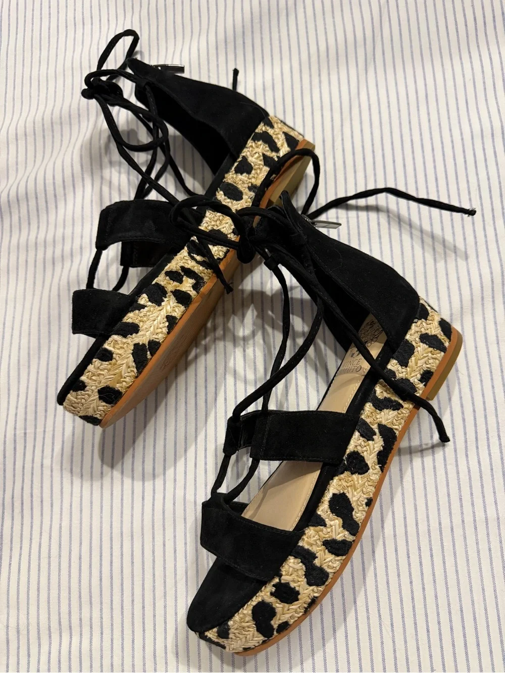 Vince Camuto Black Suede Lace-Up Platform Wedges with Leopard Trim